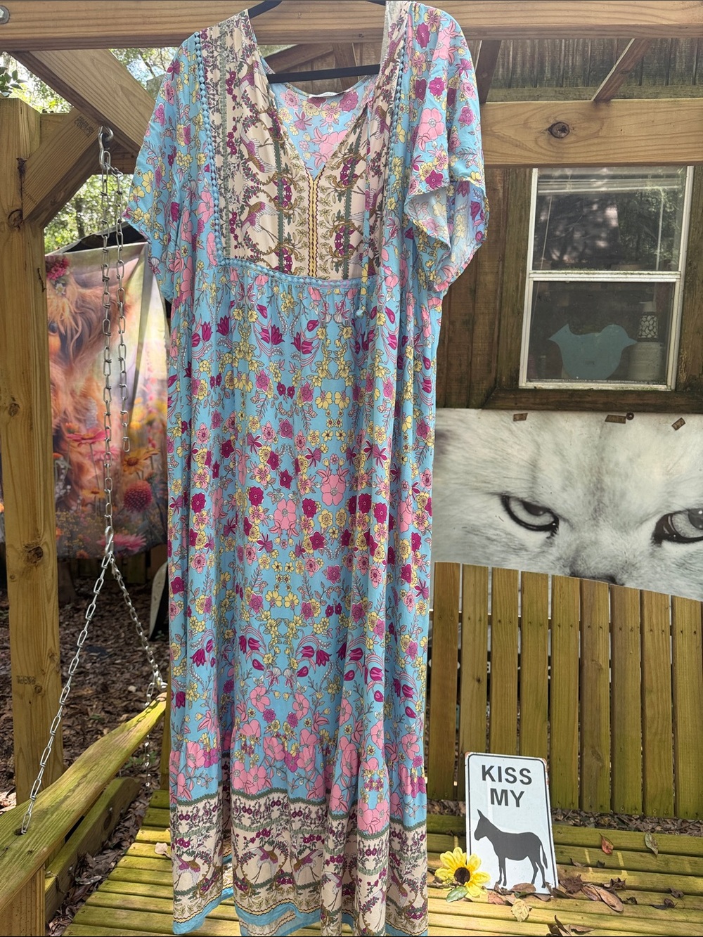 Boho Floral Maxi Swim Coverup in Light Blue with Pink Accents